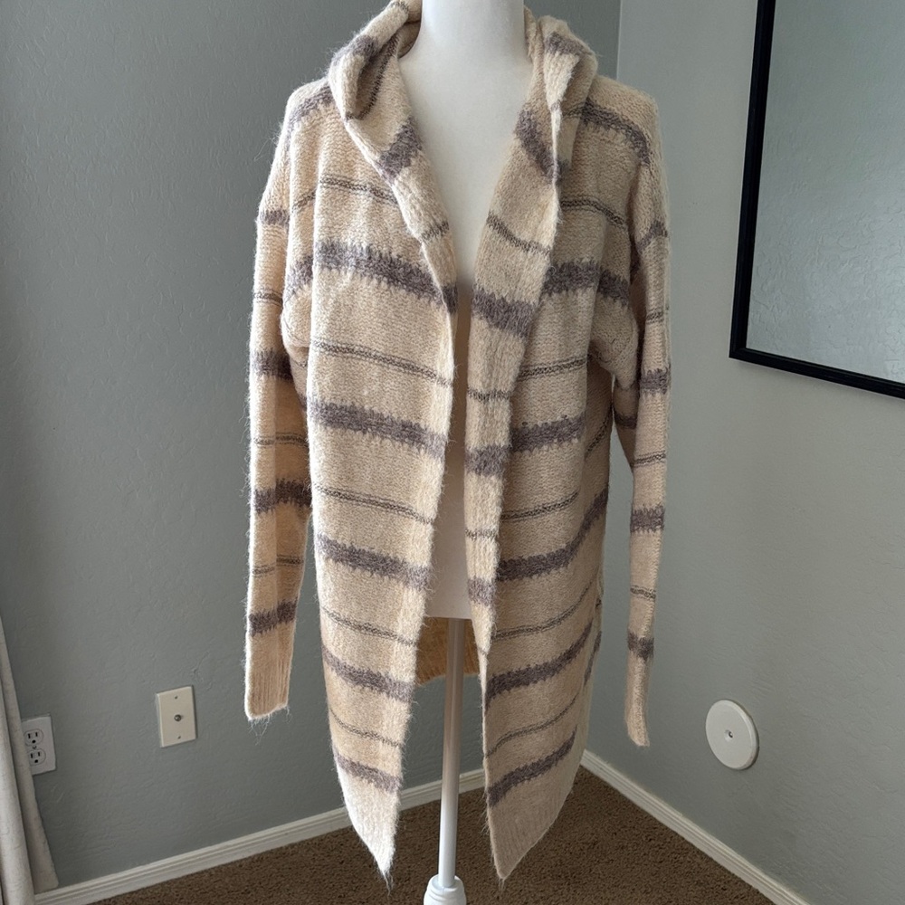 Hem & Thread Soft Striped Cream Hooded Cardigan Large